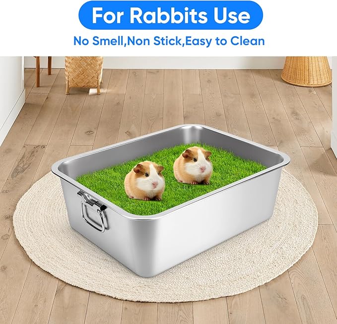 Stainless Steel Litter Box with Handle for Cat and Rabbit, 17.5" L x 13.5" W x 6" H, Odor Control Litter Pan, Fold-able Feeding Plate, Non Stick Smooth Surface