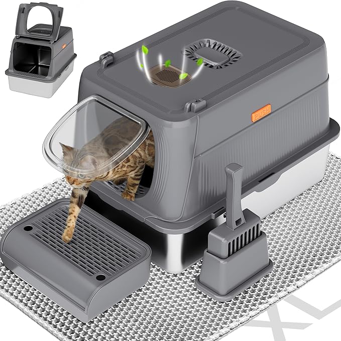 Citylife Stainless Steel Cat Litter Box with Lid,XL Extra Large Enclosed Removable Metal Litter Box with Litter Scoop&Double Layer Litter Mat,Non-Sticky，Non-Odor,Easy Cleaning, for Big Cats Dark Grey