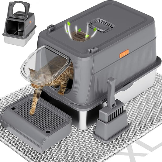 Citylife Stainless Steel Cat Litter Box with Lid,XL Extra Large Enclosed Removable Metal Litter Box with Litter Scoop&Double Layer Litter Mat,Non-Sticky，Non-Odor,Easy Cleaning, for Big Cats Dark Grey
