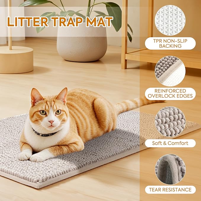 Pieviev Chenille Cat Litter Mat for Litter Box, 28"x22" Soft Ultra Absorbent Mat, Waterproof & Non-Slip, Easy to Clean Litter Trapping Mat for Indoor Cats, Grey