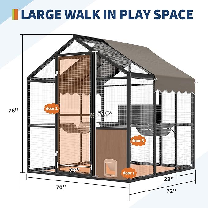 Aluminum Walk-In Large Outdoor Cat Enclosure, Large Outdoor Catio for Multiple Cats, Outside Cattery with Weatherproof Roof with Channels, Side Door, UV Proof Cover, Huge Condo, Platform