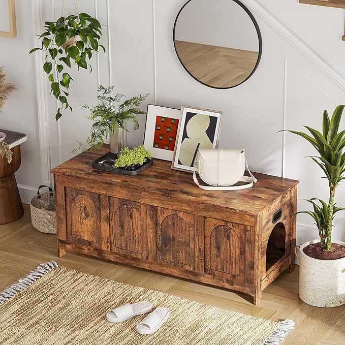 DINZI LVJ Cat Litter Box Enclosure, Flip Top Litter Box Furniture, Hidden Cat Washroom, 2-Entrances Wooden Pet House, 47.2"L x 18.7"W x 19.7"H, End Side Table, TV Stand, Easy Assembly, Rustic Brown