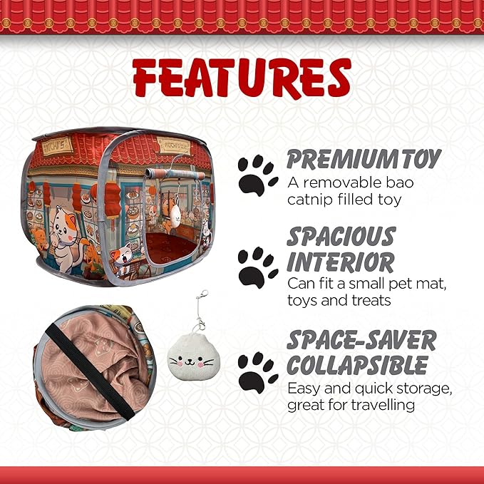 Capnip Cat House & Tent for Indoor Cats – Pop-Up Cat Tent House with Catnip Toy, Restaurant Theme for Cats & Kittens, Mochi’s Dim Sum Palace