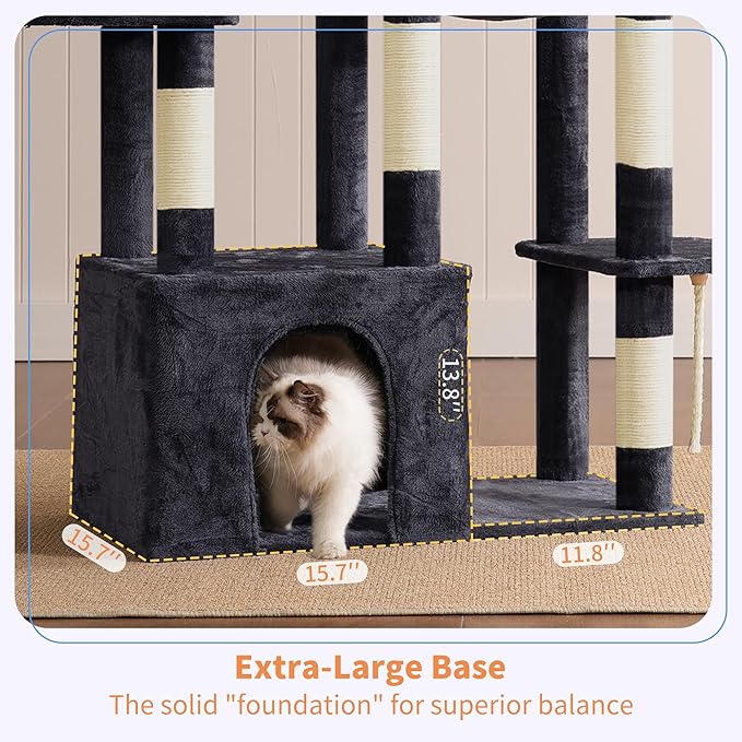 Heybly Heavy Duty Cat Tree, Tower for Indoor Cats Large Adult, Tall Cat Condo House with Extra-Large Baseboard, Multi-Level Plush Furniture with Scratching Posts, Hammock, Toy Ball, Smoky Gray HCT026G