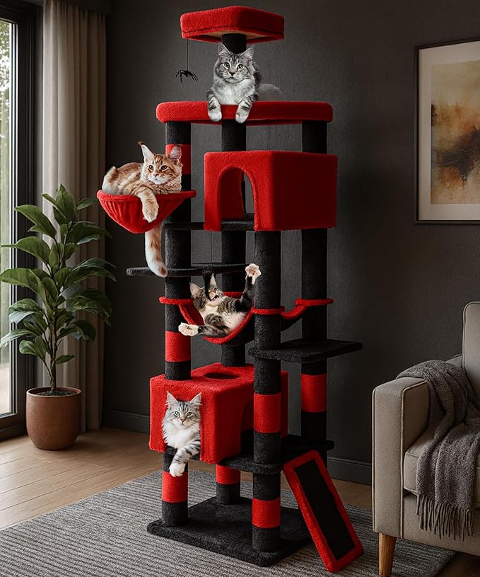 AMHANCIBLE Large Gothic Cat Tree, 83 Inch Tall Tower for Indoor Adult Cats, with Scratching Post and Board, Hammock, Condos, Hanging Basket, Activity Center to Play and Sleep, Black Red, PT21RD