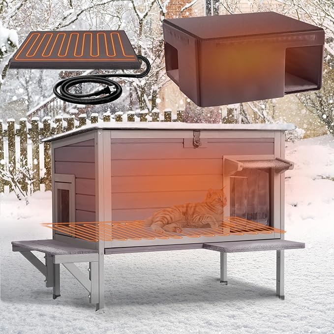 GUTINNEEN Heated Cat House with Bite-Resistant Wires, Insulated Cat House Outdoor with Detachable Lining, Expandable Feral Cat Shelter with Weatherproof Roof