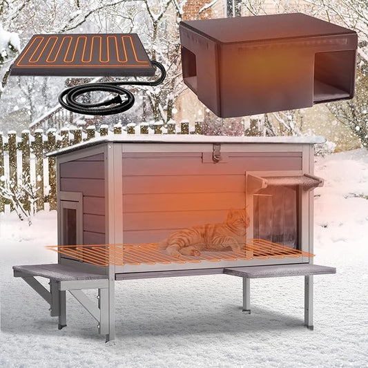 GUTINNEEN Heated Cat House with Bite-Resistant Wires, Insulated Cat House Outdoor with Detachable Lining, Expandable Feral Cat Shelter with Weatherproof Roof