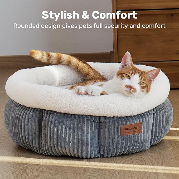 FUKUMARU Cat Bed, Washable Round Cat Beds for Indoor Cats, Soft Fluffy Corduroy Pet Bed for Cats and Puppy, Cute Small Dog Beds, Grey