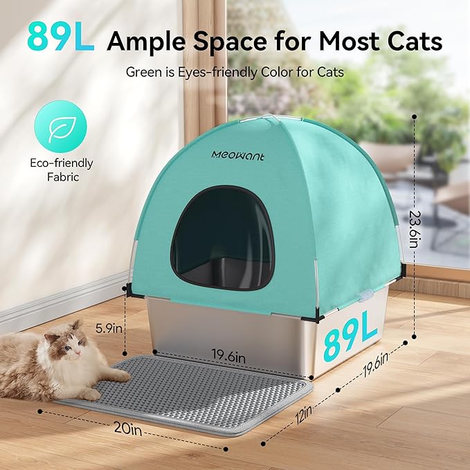 Extra Large 3-in-1 Enclosed Stainless Steel Cat Litter Box with Lid, High-Sided Oxford Cover, Metal Scoop, Odor Free, Leakproof & Easy-Clean Design