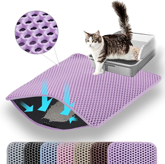 Jumbo Cat Litter Mat, 46x26 Inches Double Layer Honeycomb Litter Trapping Mat, Non Slip Waterproof Urine Proof Extra Large Cat Litter Box Mat, Kitten Supplies and Essentials, XXL, Purple