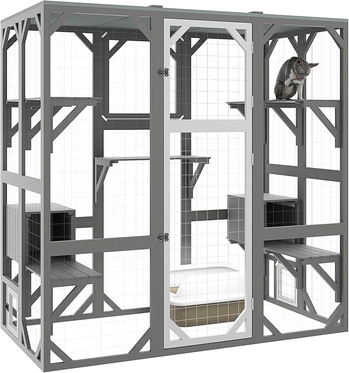 Outdoor Catio Cat Enclosures - Extra Large Wooden Outdoor Cat House Enclosure Weatherproof with Multi Platforms & Lounge Boxes, Indoor Interoperability - 71 Inch H
