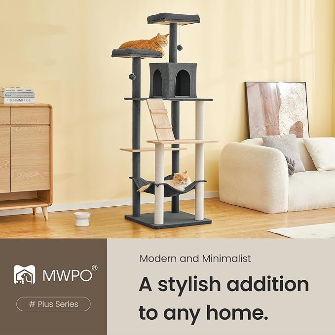 MWPO Large Modern Cat Tree, 70.1-Inch Wood Cat Tower for Indoor Cats, Multi-Level Tall Cat Condo with 2 Padded Perches, Hammock, Scratching Posts, Dangling Toys, Smoky Grey