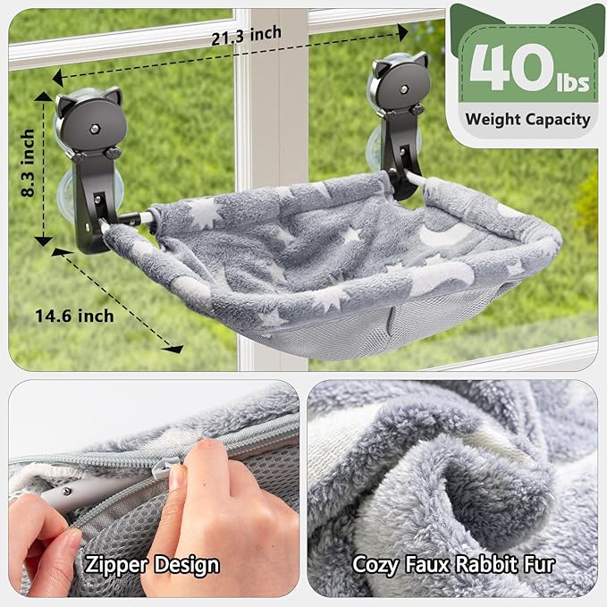 Cat Window Perch Cordless, Glow in The Dark & Stable Cat Beds- Breathable Window Hammock for Overlooking, Sunbathing and Climbing - Maximum Hold Up to 40lb(Grey+Cream)