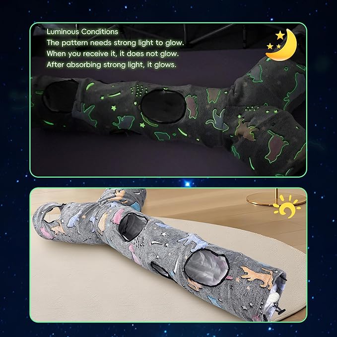 Cat Tunnels for Indoor Cats, Self-Luminous Cat Tunnel with Plush Ball, 3 Way Kitten Tunnel Collapsible, Cat Play Tunnel with Interactive Peephole for Large Cat, Puppy, Kitten