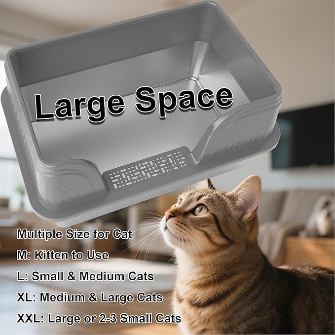 Enclosed Stainless Steel Cat Litter Box with Lid Large Litter Box for Big Cats XL Metal Litter Pan Tray with High Sides Scoop & Litter Mat Inside, Non-Sticky, Anti Leakage(Grey, XL)