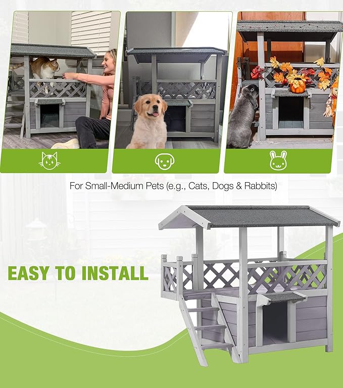 Cat House Outdoor Weatherproof – 100% Solid Fir with Waterproof Paint, Two-Level Design, All-Weather Protection & Elevated Base – Kitty Shelter for Feral Cats, Indoor/Outdoor Use