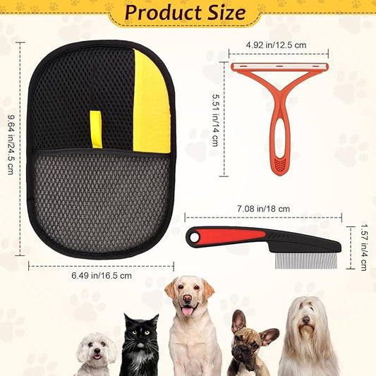 3 Pcs Pet Hair Removal Glove Set, Reusable Electrostatic Pet Hair Remover with Hair Remover Brush and Pet Comb, Upgrade Efficient Cats&Dogs Grooming Gloves for Clothes Furniture Carpet Seat