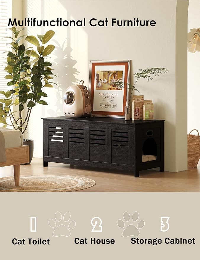 DINZI LVJ Litter Box Enclosure Furniture for 2 Cats, Top Opening Hidden Litter Box with Double Rooms, Dual Cat House with Good Ventilation, 47.2" Wooden Cat Washroom, Espresso