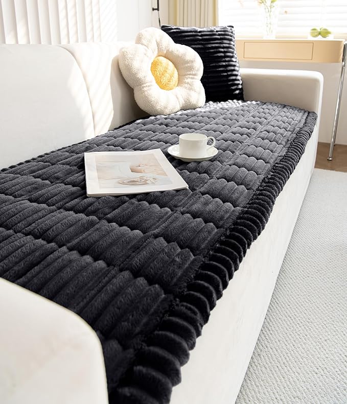 Faux Fur Plush Dog Couch Cover 3D Stripe Fuzzy Sofa Cover Non-Slip Fluffy Dog Bed Cover Pet Blanket Sofa Couch Furniture Protector for Puppy Large Dog Cat (Black,31"x47")