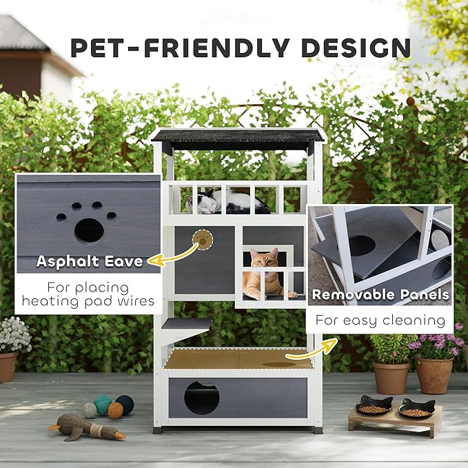 PawHut Wooden Outdoor Cat House, Feral Cat Shelter Kitten Condo with Asphalt Roof, Escape Doors, Condo, Jumping Platform, Gray