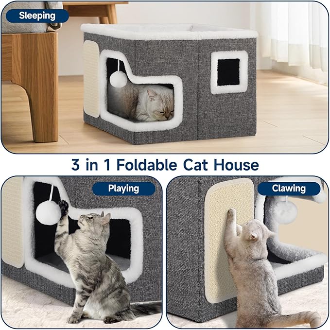 Cat Beds for Indoor Cats, Large Cat Cave with Cozy Hideout, Scratch Pad, Fluffy Ball Hanging, Foldable Cat Hideaway Hold Up to 30LBS, Indoor Cat House with Reversible Soft Cushions for All Seasons