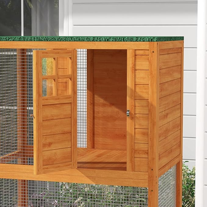 PawHut 74" Wooden Catio Outdoor Cat Enclosure Weatherproof & Wheeled, Outside Cat House with High Weight Capacity, Kitten Cage Condo, Orange