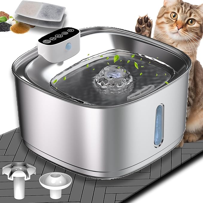 Wireless Cat Water Fountain, 3.2L/108oz Battery Operated Pet Fountain Stainless Steel, Automatic Cat Drinking Fountain Cordless & Rechargeable with Motion Sensor, 2 Filters and 1 mat