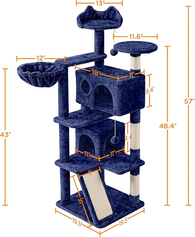 Topeakmart 57in Cat Tree Tower with 2 Plush Rooms Kitten Furniture Play House