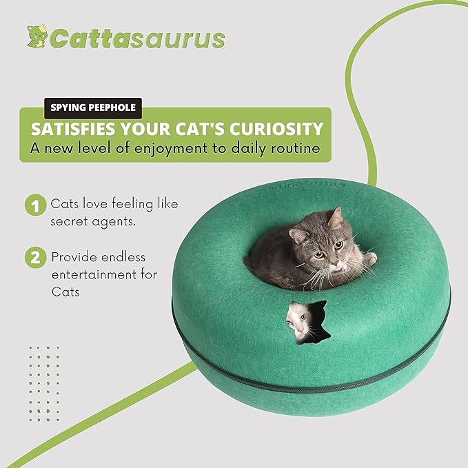 CATTASAURUS Peekaboo Cat Cave for Multiple & Large Cats Up to 30-45 Lbs, Scratch Detachable & Washable Tunnel Bed, Comfy Donut Cat Cave (Forest Green, Large)