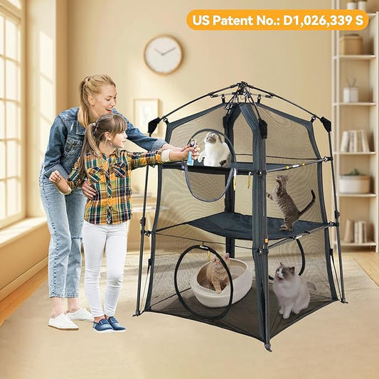 X-Large Catio Outdoor Cat Enclosure and Cat Tower Tent for Indoors and Outdoor,3 Tier Spacious Cat Tent,Portable and Foldable Catio,Two Doors Design can Assemble More Shapes (Patented)
