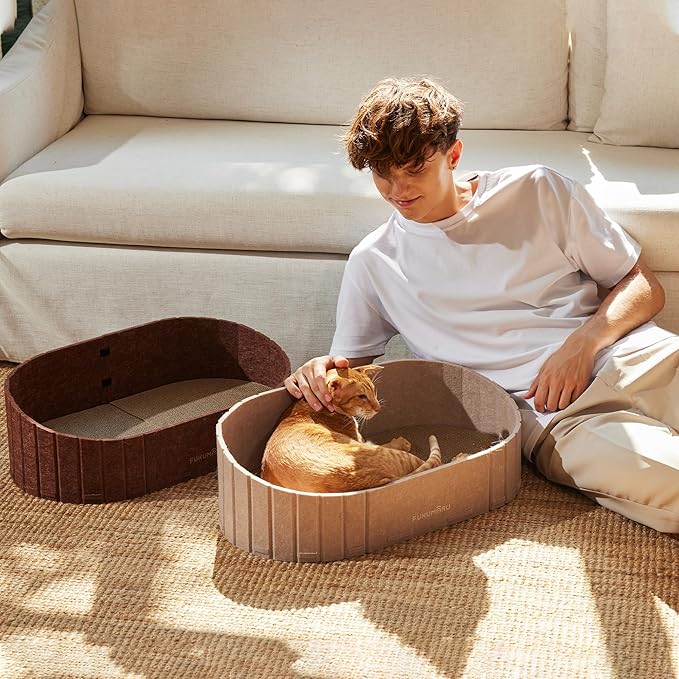 FUKUMARU Cat Scratcher, 24 Inch Sofa Shape Cat Scratching Bed, Reversible Detachable Cats Scratching Board, Round Cats Scratch Pads Refill Indoor, Caramel