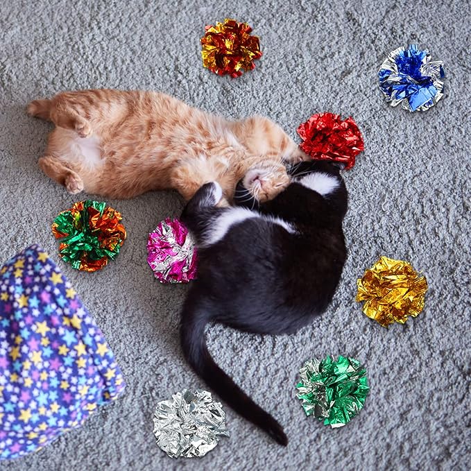 Silkfly 100 Pcs Polyester Film Crinkle Balls Cat Interactive Toys 2.36 Inch Colorful Chew and Chase Cat Ball Toys Attract Kittens for Indoor Keep Fit Active