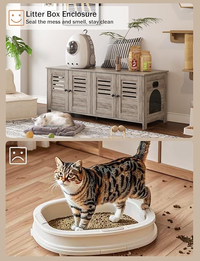 DINZI LVJ Litter Box Enclosure for 2 Cats, Hidden Litter Box Furniture with Double Rooms, Dual Cat Litter House, Front Doors, 47.2" Wooden Hidden Cat Washroom, Side End Table, TV Stand, Greige