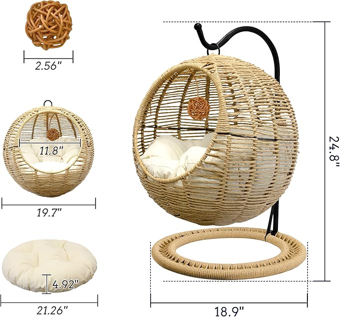 BROWN-BROWN Wicker Cat Bed Indoors & Outdoors, Hand Made Cat Swing Bed with Removable Cushion & Hanging Ball, Washable Pet Swing for Cat, Small Dog, Small Animals