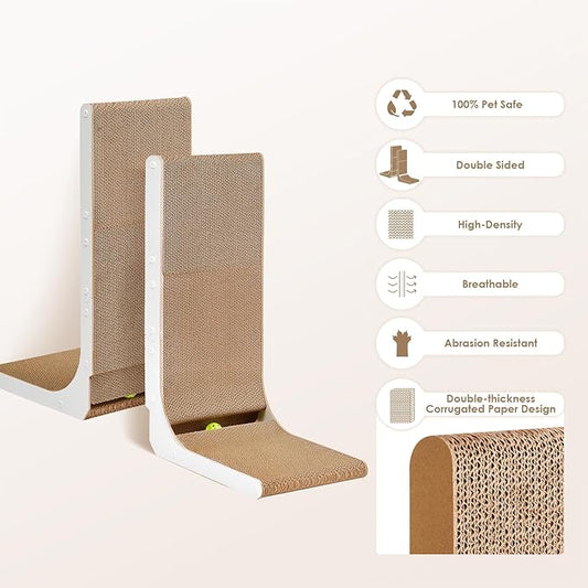 EHEYCIGA Cardboard Cat Scratcher for Indoor Cats, 32 Inch L Shaped Vertical Cat Scratching Board with Ball Cat Toy, Extra Large Cat Scratcher Pad, White