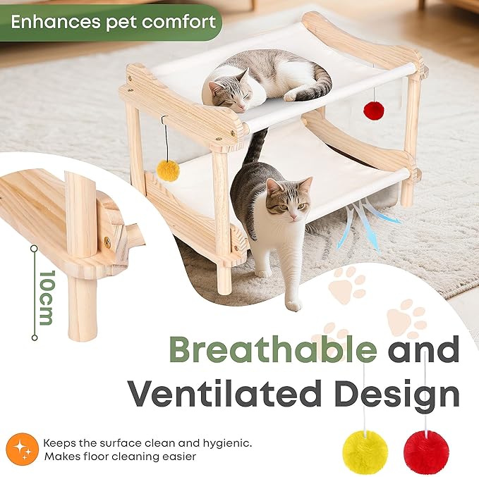 2-Layer Cat Hammock Bed, 24"x15.7"x16.3" Elevated Cat Bed with Pine Wood Frame, Breathable Washable Covers, Wooden Pet Furniture for Indoor Cats and Small Animals(White-2)