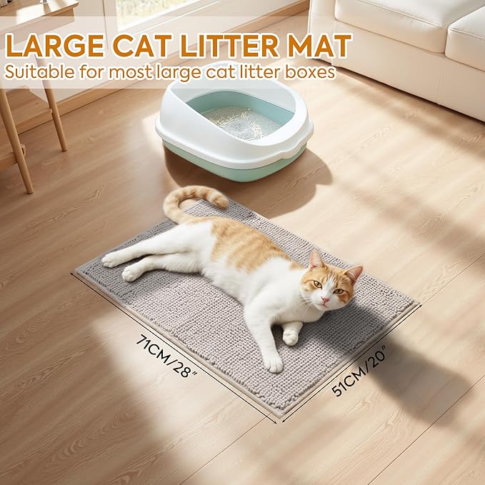 Pieviev Chenille Cat Litter Mat for Litter Box, 28"x22" Soft Ultra Absorbent Mat, Waterproof & Non-Slip, Easy to Clean Litter Trapping Mat for Indoor Cats, Grey