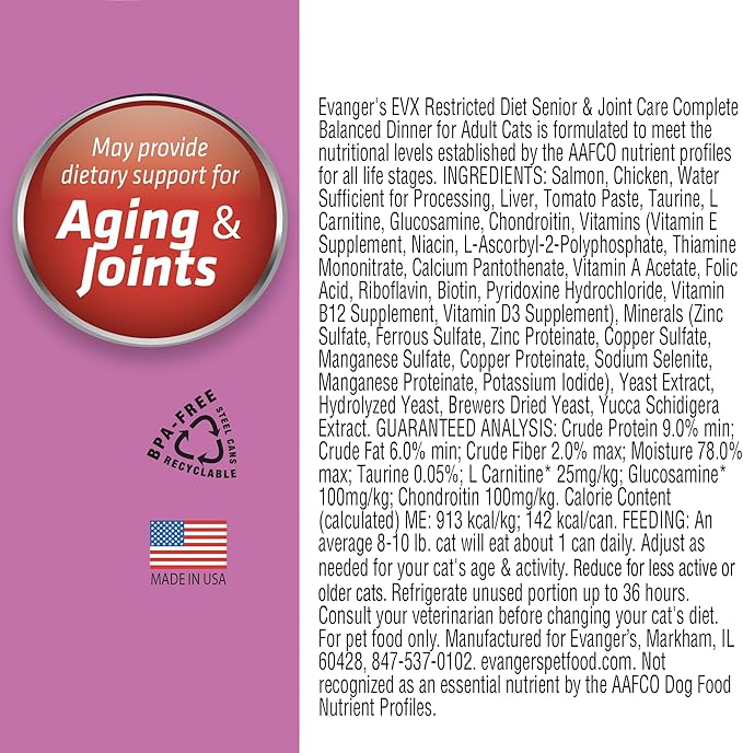 Evanger’s EVX Restricted Diet Senior and Joint Health Canned Cat Food – 24 Count, 5.5 oz Cans Each – Salmon with Taurine, L Carnitine, Glucosamine & Chondroitin – Grain Free Pâté Style