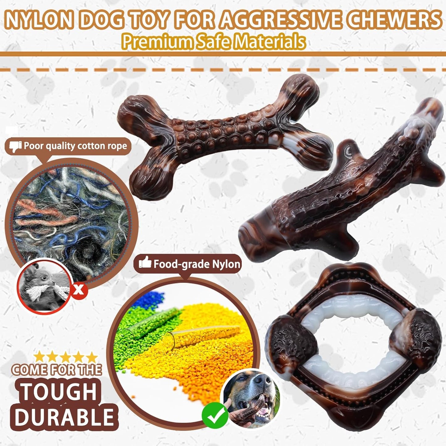 Magicorange 3-Pack Dog Chew Toys for Aggressive Chewers, Nylon Durable Dog Toys, Bacon Flavored Tough Bones Chew Toys
