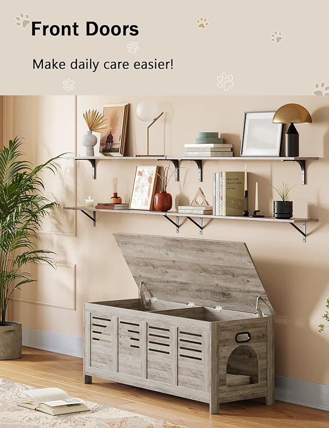 DINZI LVJ Litter Box Enclosure Furniture for 2 Cats, Top Opening Hidden Litter Box with Double Rooms, Dual Cat House with Good Ventilation, 47.2" Wooden Washroom, Cabinet, Gray Wash