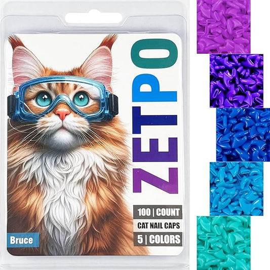 zetpo 100 pcs Cat Nail Caps | Cat Claw Covers | with Adhesives and Applicators (L, Purple, Violet, Blue, Sky Blue, Turquoise)