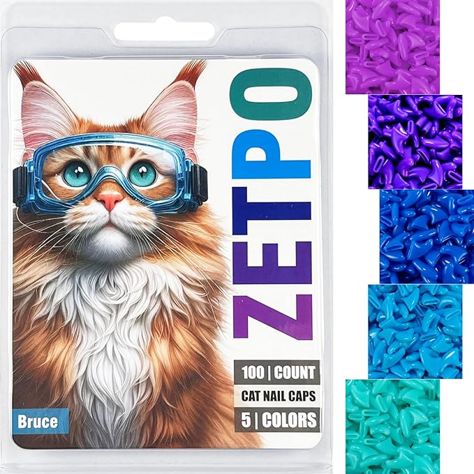zetpo 100 pcs Cat Nail Caps | Cat Claw Covers | with Adhesives and Applicators (S, Purple, Violet, Blue, Sky Blue, Turquoise)
