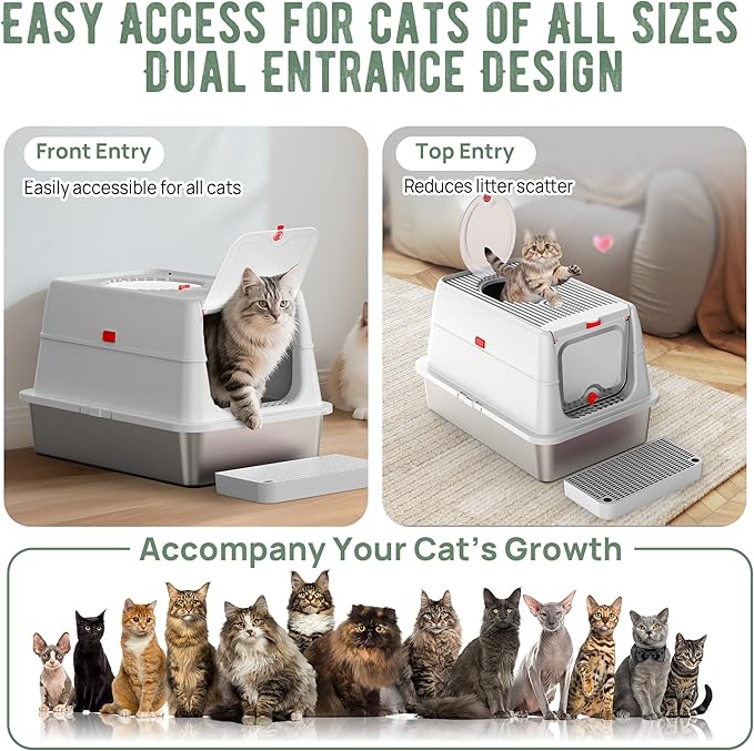 Stainless Steel Litter Box: Enclosed Cat Litter Box with Flip Lid Self Cleaning and High Sided Top Entry Design, XL Extra Large Metal Kitty Litter Pan Tray for Big Cats, Built-in Carbon Filter Pouch