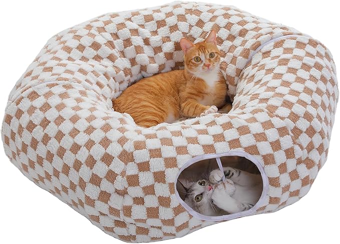 PEQULTI Cat Tunnel with Cat Bed for Indoor Cats, Cat Play Donut Tunnel with Washable Soft Plush Mat, Round Tunnel Toys Cute Tube for Kittens, Puppies, Rabbits and Ferrets, Brown