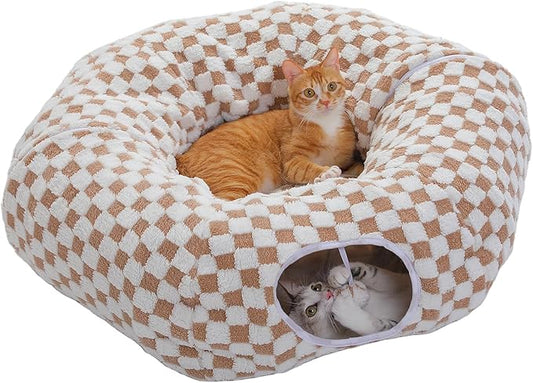 PEQULTI Cat Tunnel with Cat Bed for Indoor Cats, Cat Play Donut Tunnel with Washable Soft Plush Mat, Round Tunnel Toys Cute Tube for Kittens, Puppies, Rabbits and Ferrets, Brown