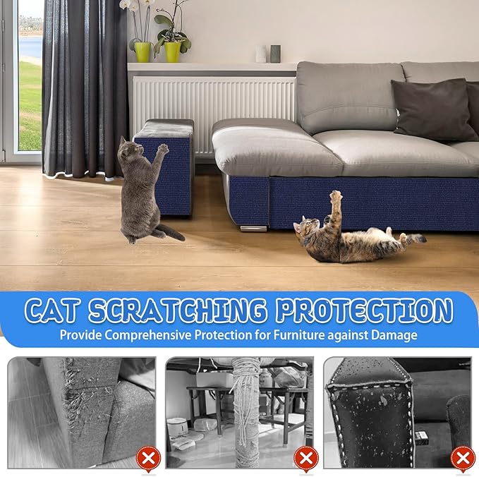 Climbing Cat Scratcher Mat Trimmable Cat Scratching Post Carpet 118’’x15.8’’ Self Adhesive Carpet Mat Pad Replacement for Cat Tree Shelves Post Couch Wall Furniture Steps DIY Protector (Dark Blue)