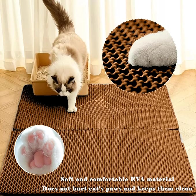 HCY&WLD Cat Litter Mat, Honeycomb Double Layer Cat Litter Trapping Mat, Waterproof Urine Proof Non-Slip, Scatter Control, Less Waste, Easier to Clean (Brown, 45" X 26")