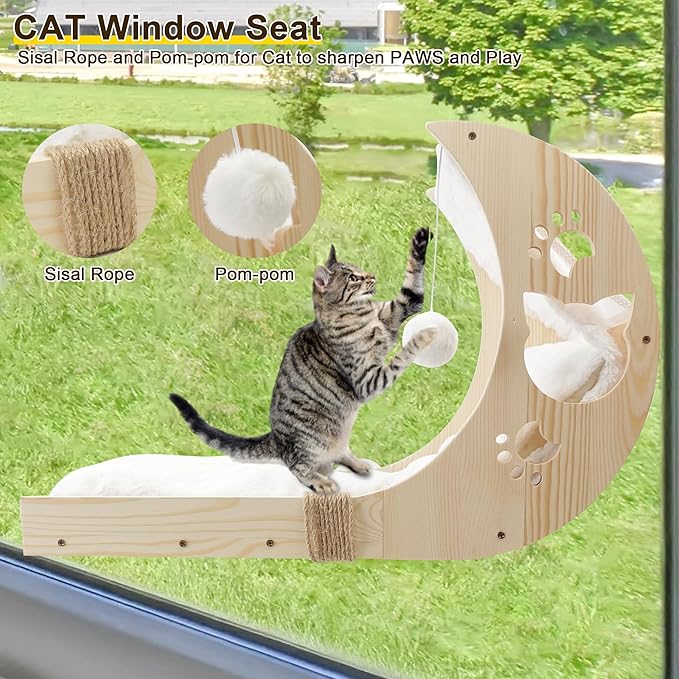 Cat Window Perch with Detachable Ladder-Wodden Cats Bed for Indoor with Double Side Velcro Cat-Mat, Moon CatWindow Seats Mounted with 7pcs Strong Suction Cups for Sleep and Rest