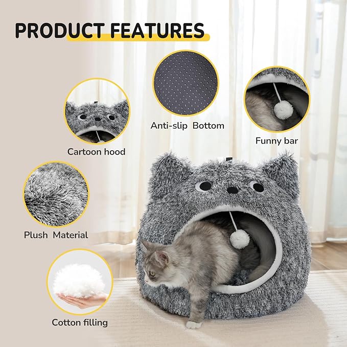 CATISM Cat Bed for Indoor Cats - Cat Bed Cave Washable, Soft Plush, Removable Pillow, Non-Slip Base, Large Cave with Toy Balls for Kitty and Small Animals