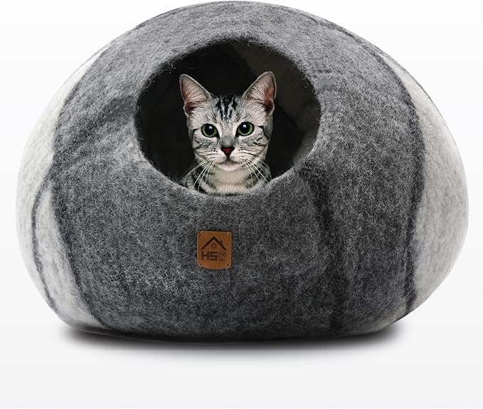 Large Wool Cat Cave Premium Felt Bed for Cats & Kittens Pet House Natural 100% Merino Wool Handmade Indoor Hideaway Eco-Friendly Cove 19 Inch Diameter Round Handcrafted Dome (Large Gray White)